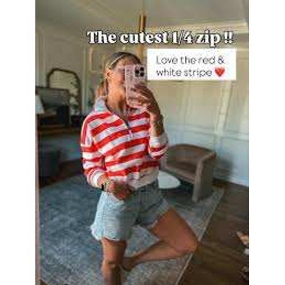 Red‎ Striped Quarter Zip preppy 80s style sporty diana funnel cowlneck trend LG